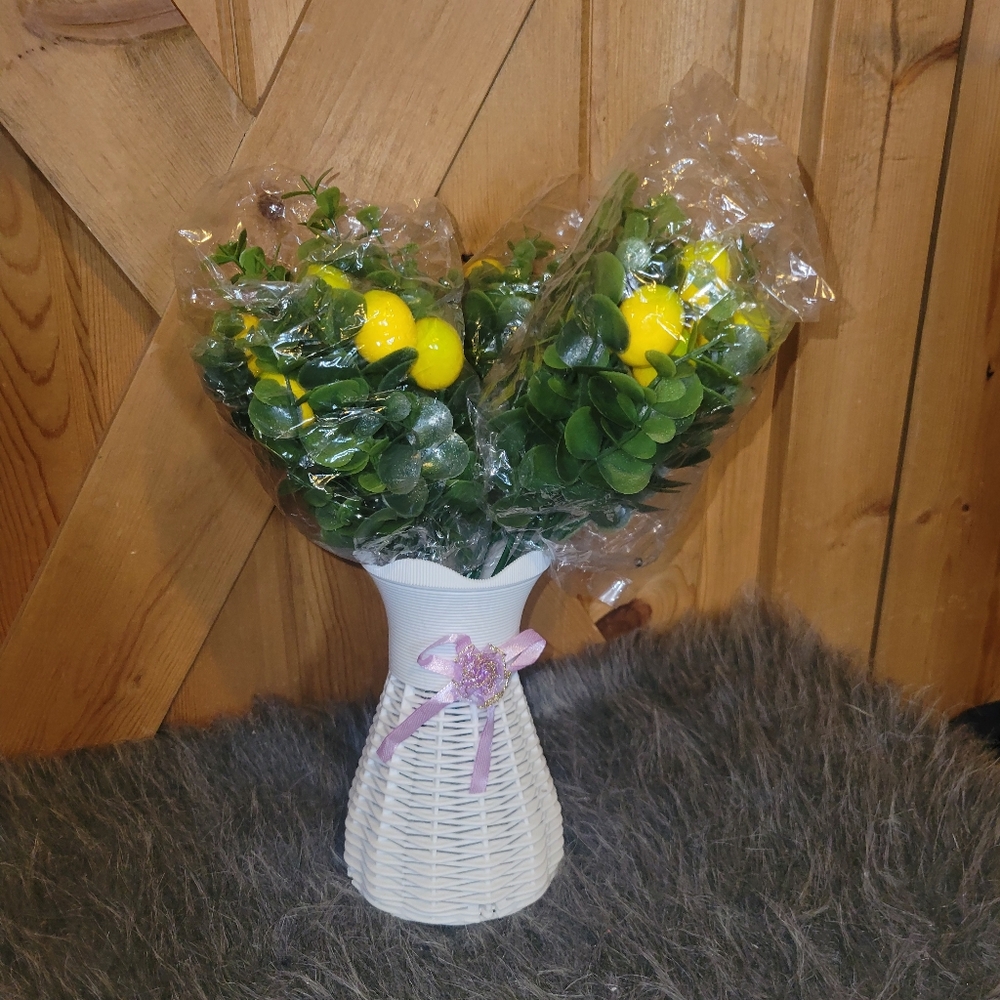 Artificial Lemon and Greenery Arrangement in White Wicker Look Vase